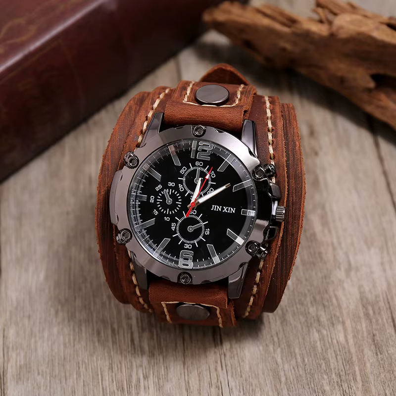 Montre punk vintage en cuir de vachette pour hommes et femmes
