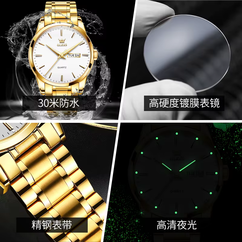 OLEVS classique or montres pour haut de gamme de luxe affaires en cuir étanche lumineux en acier inoxydable hommes montre-bracelet à Quartz