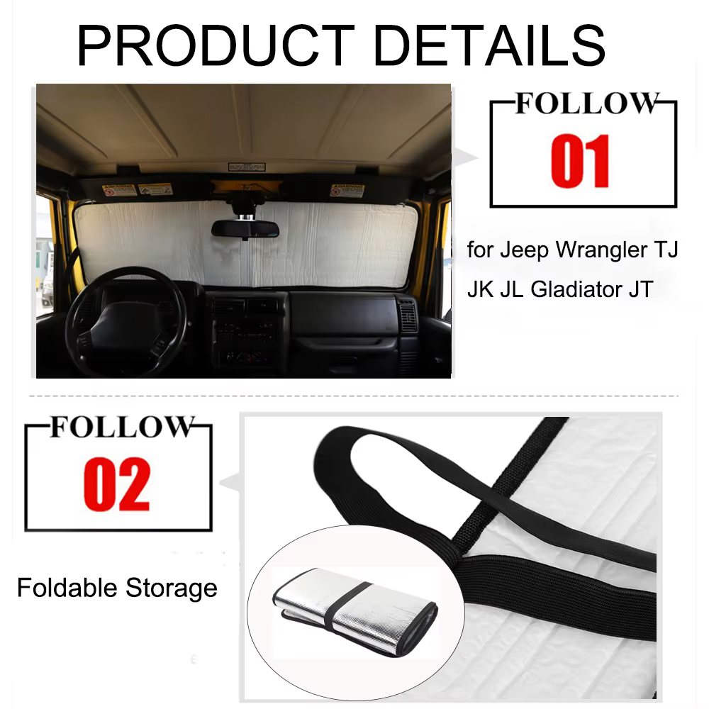 Pare-soleil pour pare-brise avant de voiture, protection contre les rayons UV, pour Jeep Wrangler TJ JK JL Gladiator JT 1997-2026, accessoires intérieurs
