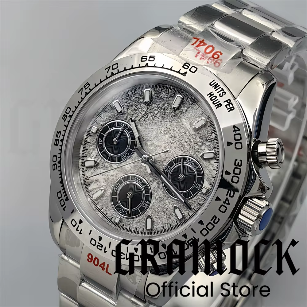 Gramock montre pour hommes 39mm argent VK63 sport chronographe montres à Quartz gris météorite cadran saphir verre Relogio Masculino