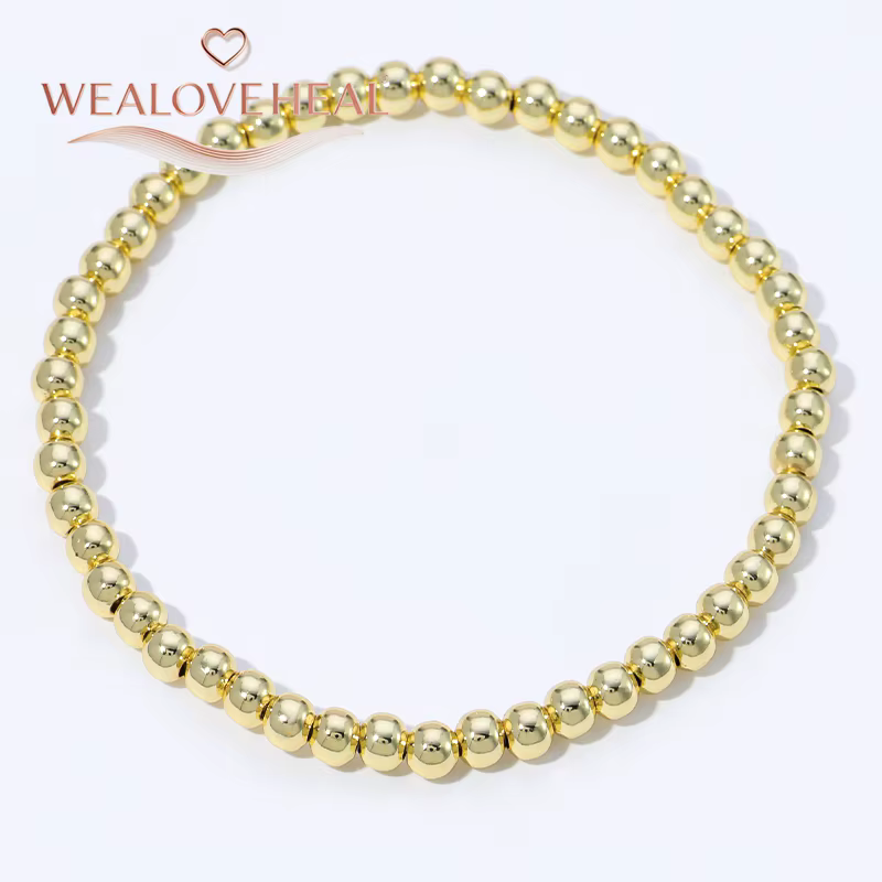 Bracelet extensible classique en laiton plaqué or 18 carats avec perles rondes, bracelet élastique lisse et délicat, style unisexe, bijou de main simple
