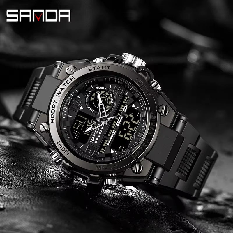 SANDA hommes sport montres à Quartz double affichage LED électronique numérique
