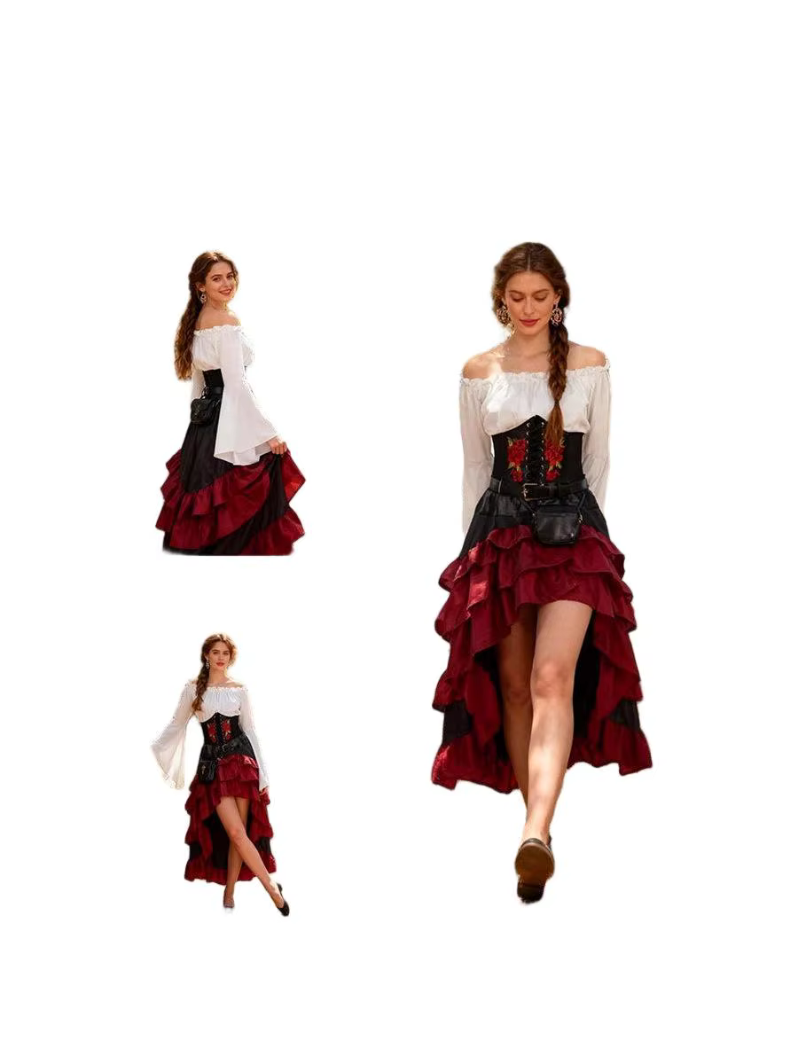 Costume de Capitaine Pirate Vintage pour Femme - Ensemble Corset Brodé Rétro et Jupe Superposée à Volants - Tenue Sexy de Femme Pirate