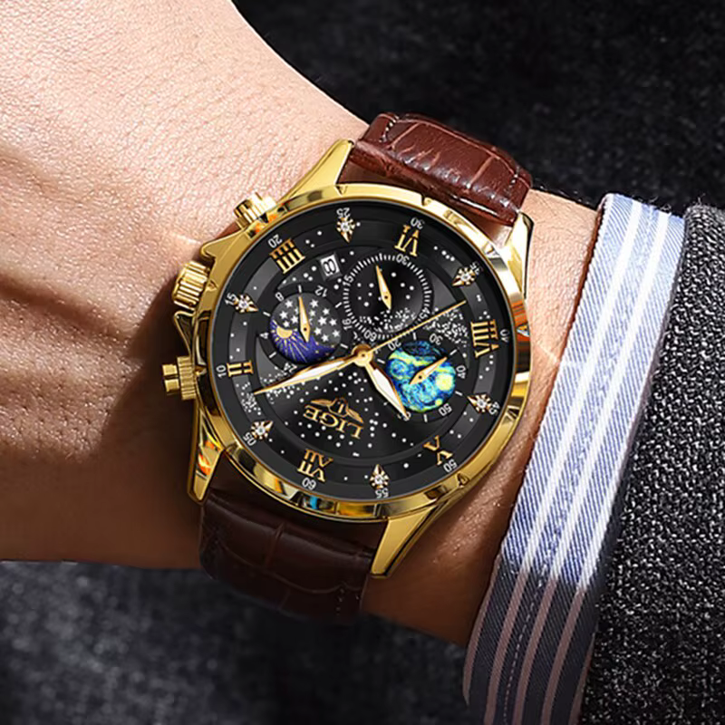 Montre de sport en cuir véritable pour homme