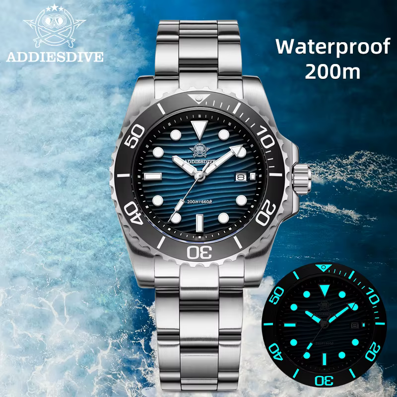 ADDIESDIVE 41mm AD2537 montre pour hommes 20Bar étanche 3D Texture du désert BGW9 Date lumineuse 316L montres à Quartz en acier inoxydable