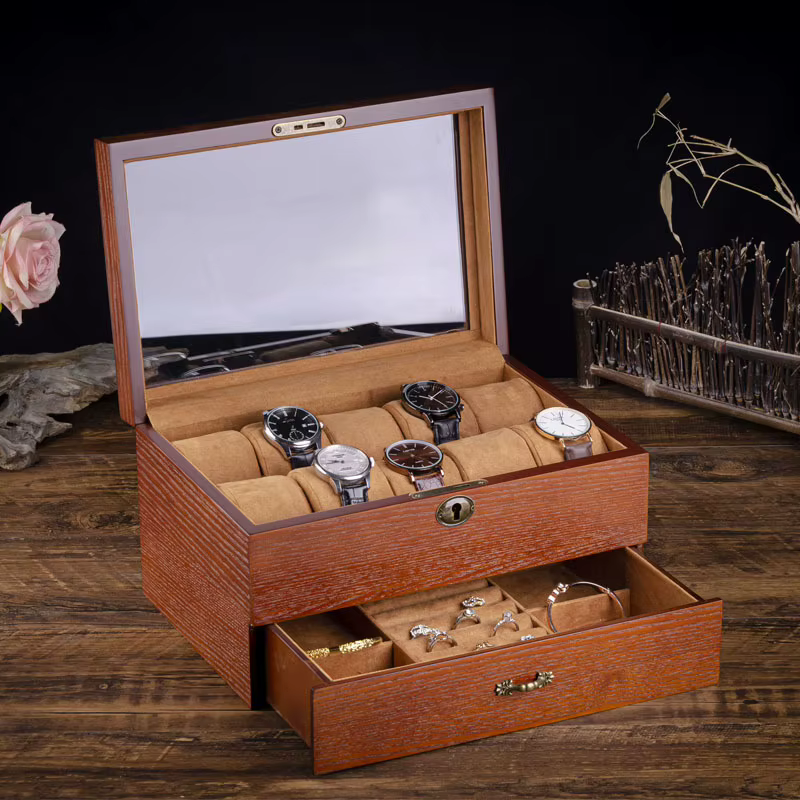 Boîte de montre en bois massif avec anneau de verrouillage