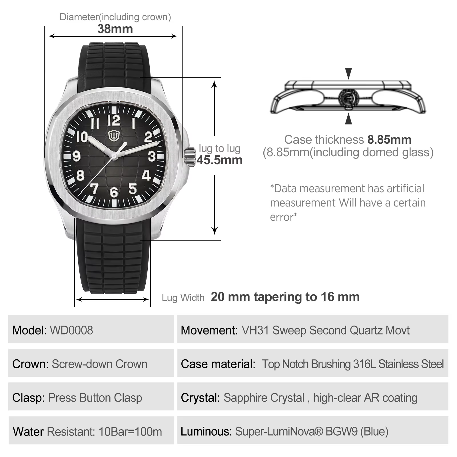 Watchdives WD008 Montre carrée 38 mm Vh31 à mouvement à quartz continu