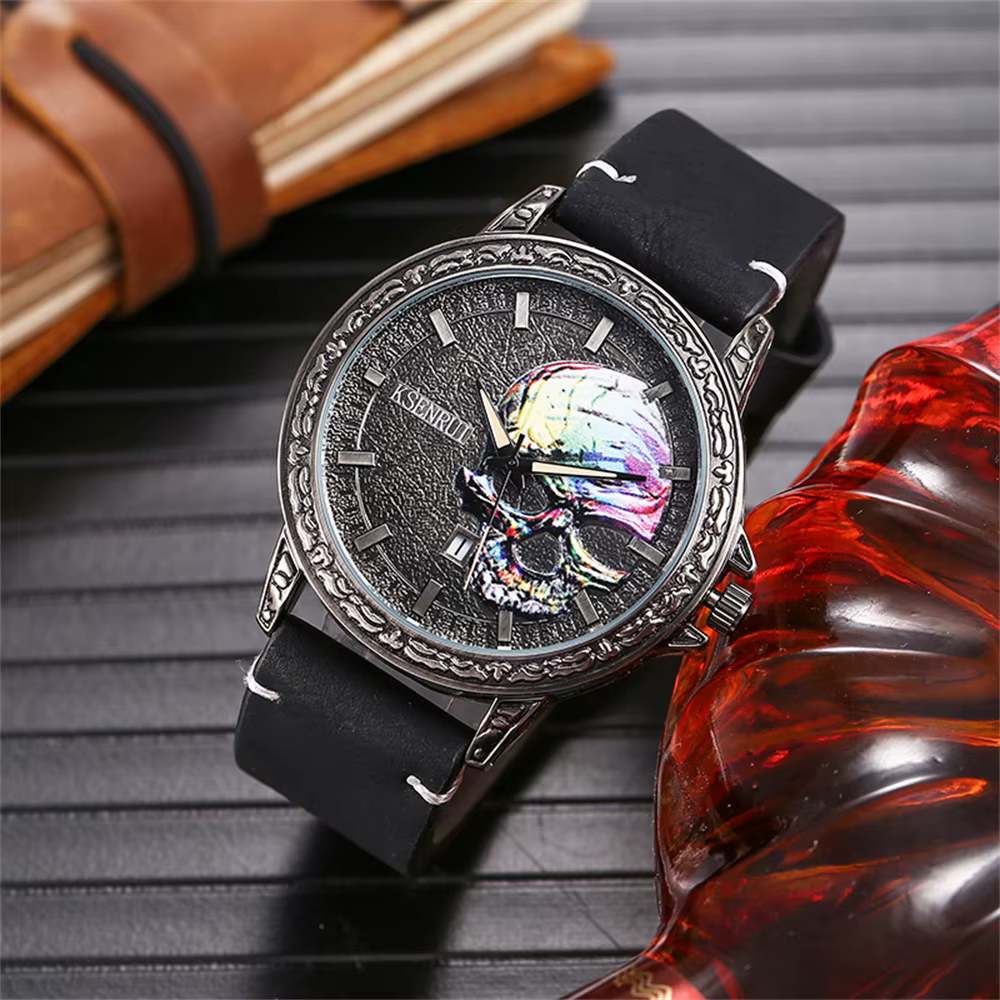 Cool hommes montre crâne visage conception mode acier bracelet en cuir rétro