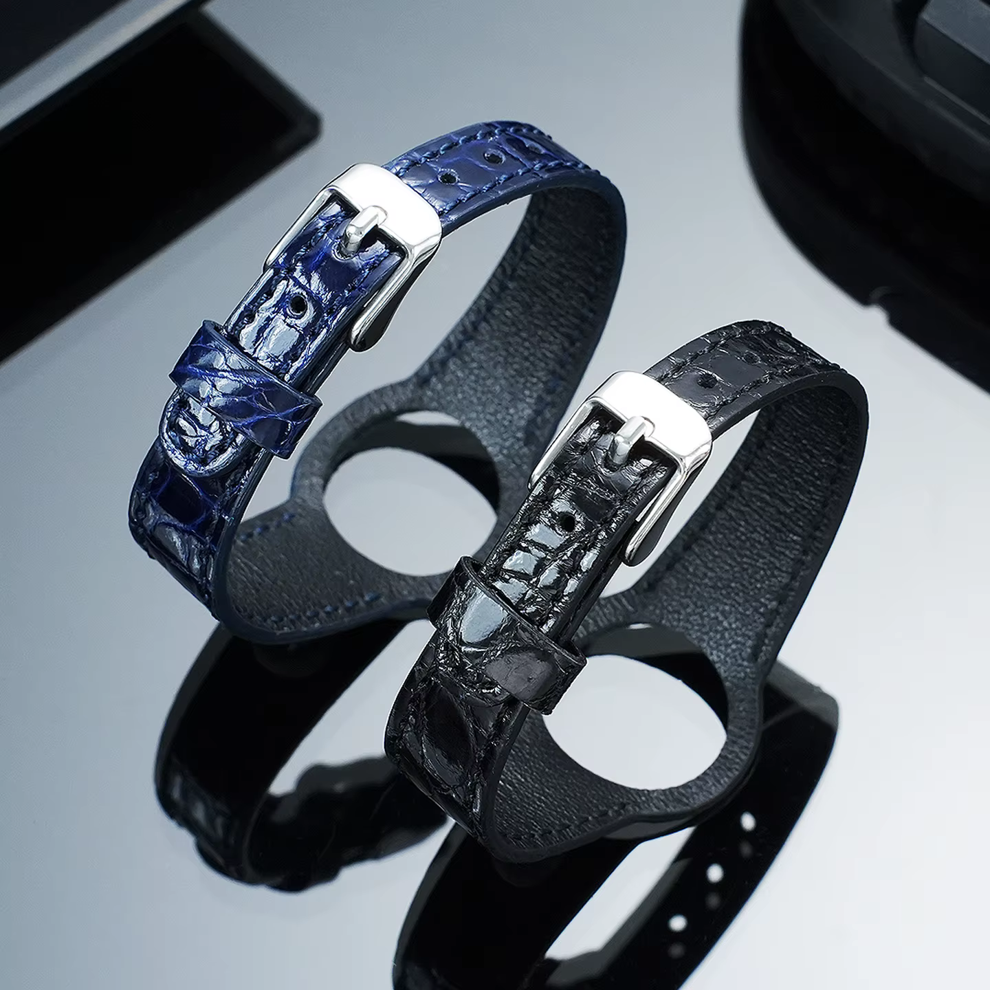 Bracelet de montre en cuir de crocodile avec boucle en acier argenté