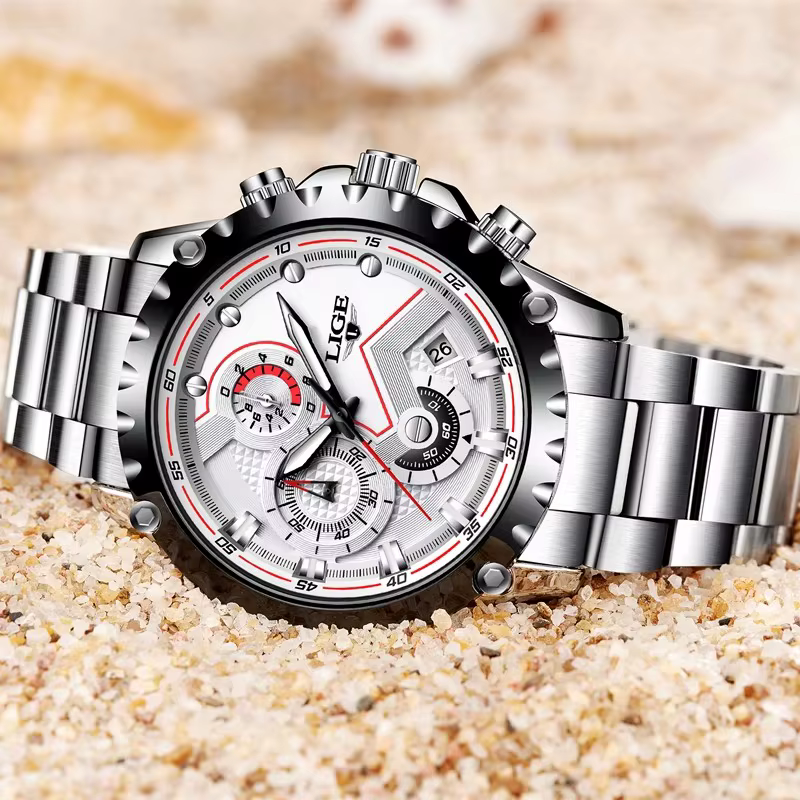 LIGE mode hommes montres haut de gamme marque argent acier inoxydable 30 m étanche montre à Quartz