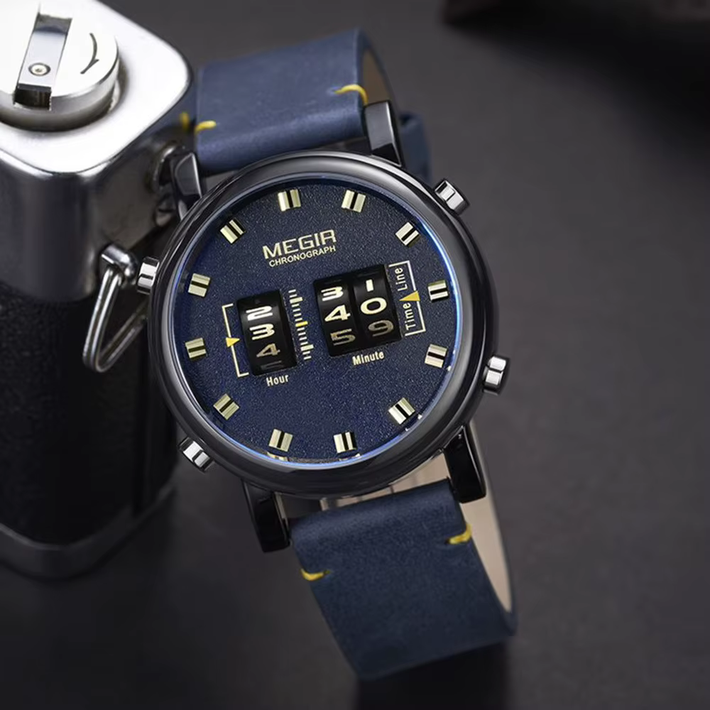 Montre-bracelet numérique MEGIR Roller, cadran numérique, mouvement à quartz, montre de sport pour homme, 3ATM étanche, bracelet en cuir, montres Reloj Hombre