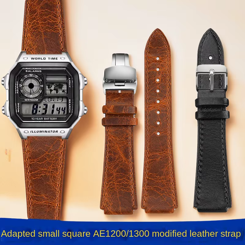 Pour Casio rétro Bracelet de montre en cuir véritable AE1200/1300 A158W/159/A168 F-91W W-216H