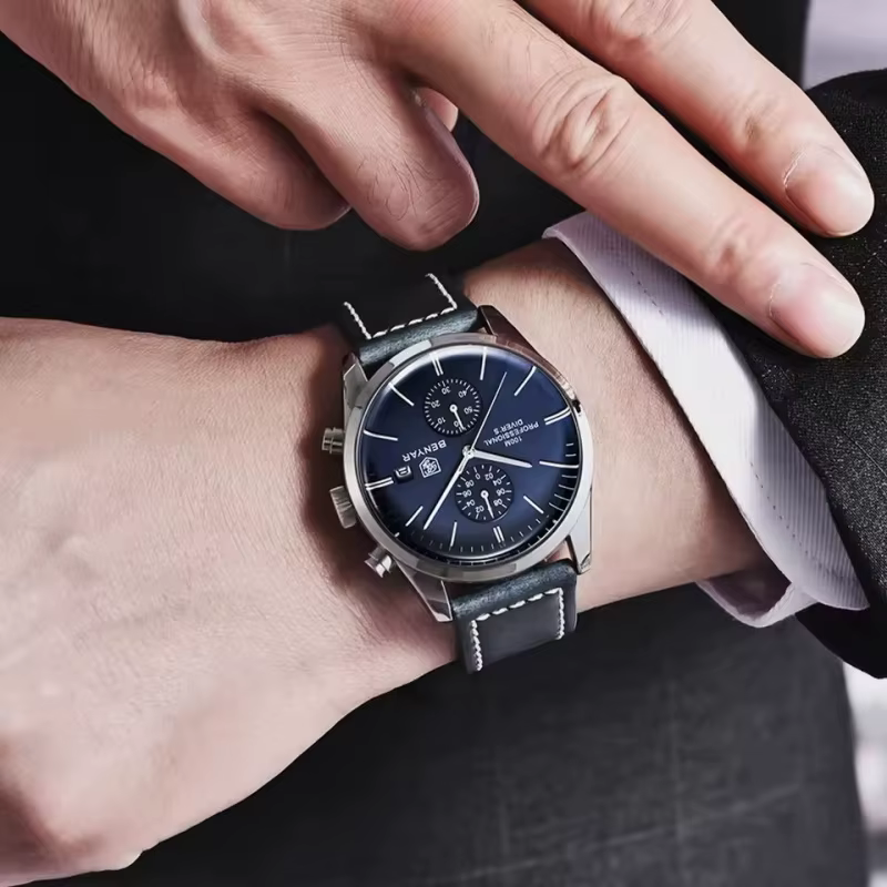 BENYAR 5187 classique Simple montre à Quartz pour hommes marque de luxe 100M étanche calendrier militaire sport chronographe bracelet en cuir