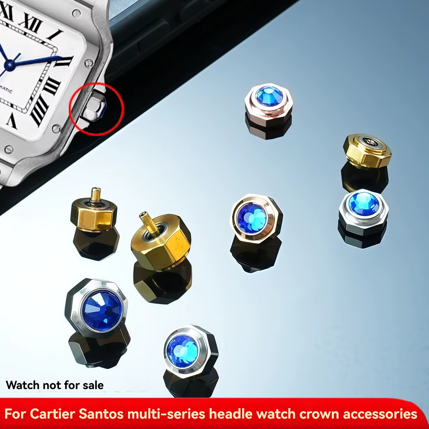 Couronne de remplacement en acier inoxydable massif pour Cartier Santos