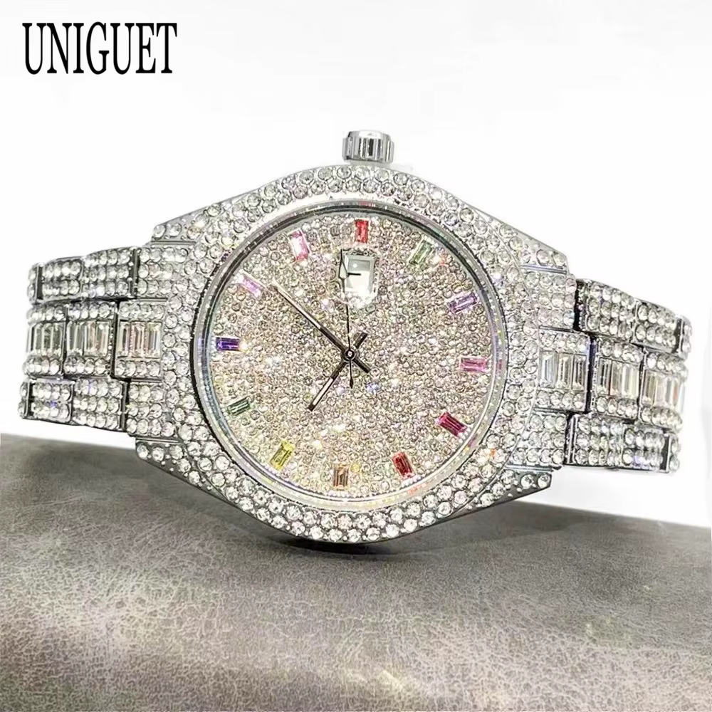 UNIGUET mode montre de glace pour hommes de luxe argent Quartz horloge Hip Hop couleur diamant bijoux montre-bracelet homme Reloj Hombre