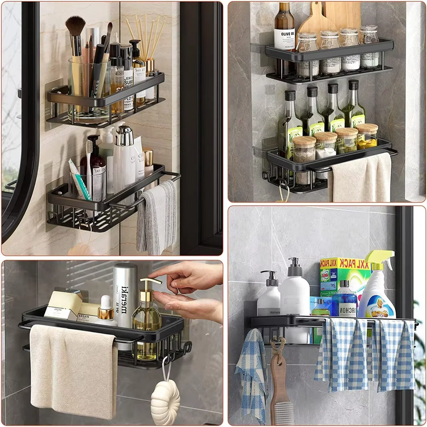 HOShelf-Étagère de douche T1 en alliage d'aluminium, étagère de rangement de cuisine, accessoires sans perceuse
