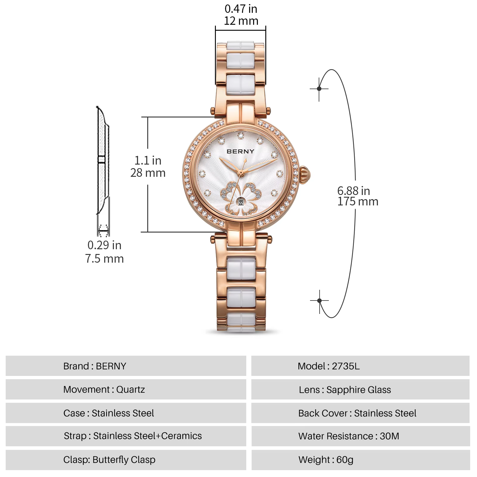 BERNY – montre-bracelet de luxe en céramique pour femmes