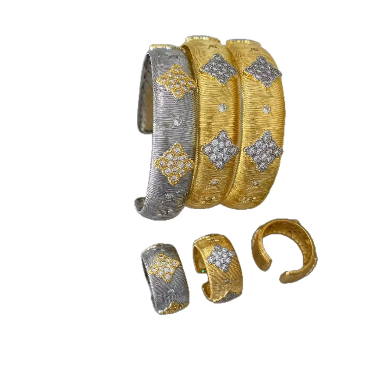 Ensemble de bracelet et bague de luxe en forme de fleur brossée avec accents en zircon - Design ouvert réglable