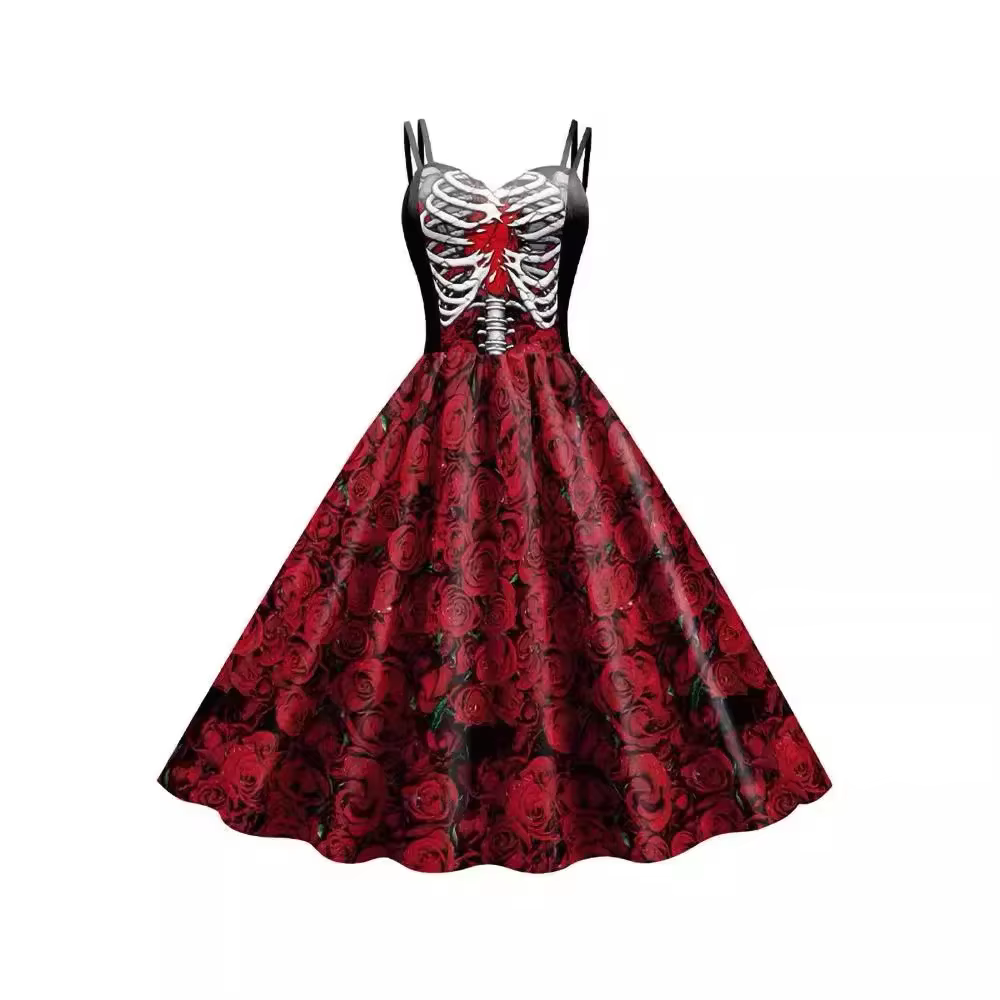 Costumes d'halloween pour femmes, imprimé tête de mort, col licou, tunique sans manches, robes de soirée Vintage, vêtements gothiques, mascarade, nouvelle collection