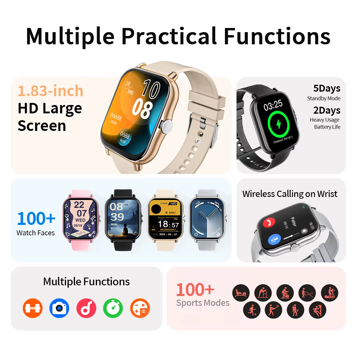 Nouveau Smartwatch BT appel surveillance de la santé et du sommeil 1.83 ''écran HD enfants montre intelligente étanche mode Bracelet de sport pour femmes hommes