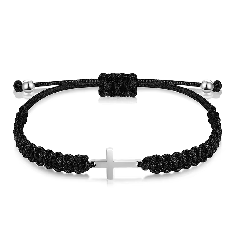 Bracelets de Couple en corde tressée, croix Simple, noir et blanc, couleur argent, réglable, bijoux chrétiens