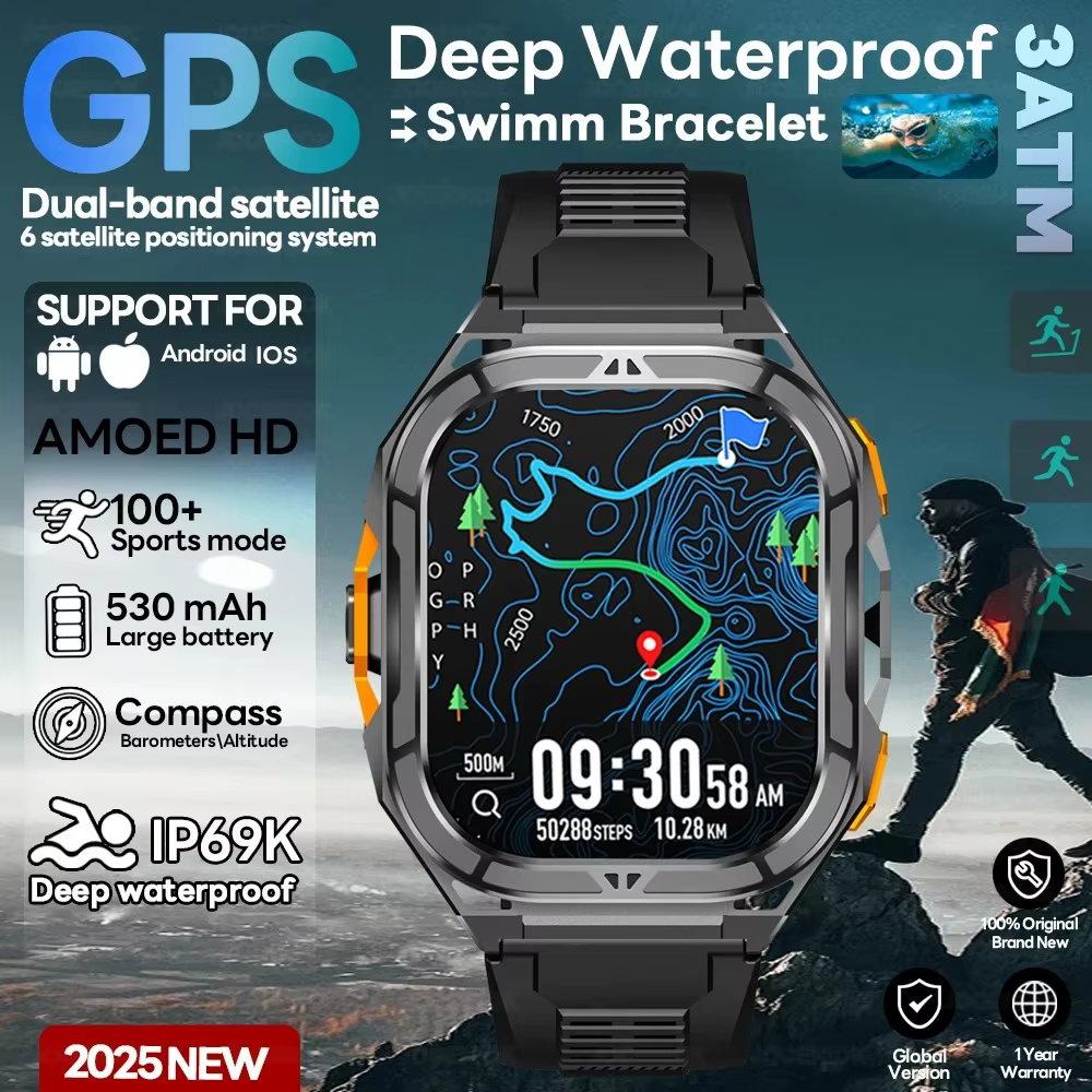 2025 nouvelle montre intelligente GPS hommes 1.96 pouces HD AMOLED écran boussole Bluetooth appel 5ATM étanche Sport