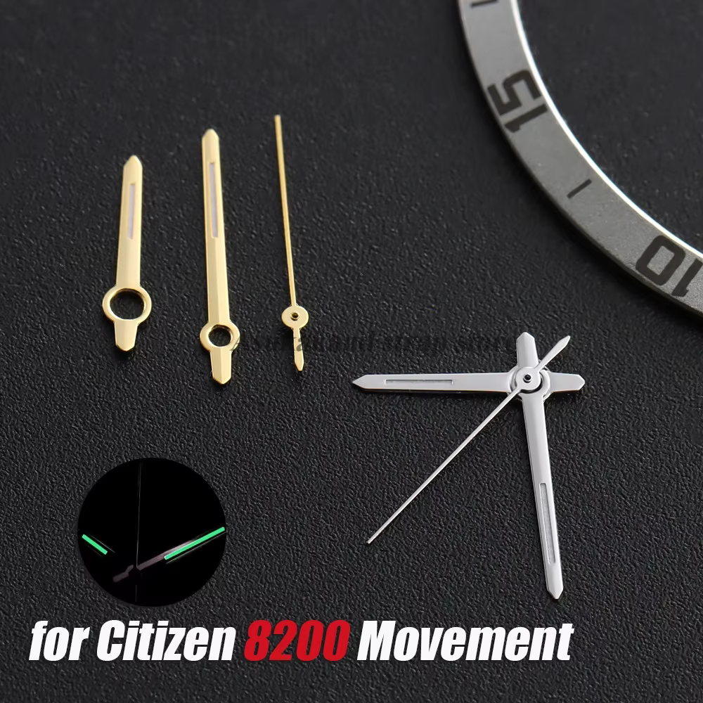 Aiguilles de montre vertes lumineuses argentées et dorées pour mouvement Citizen 8200