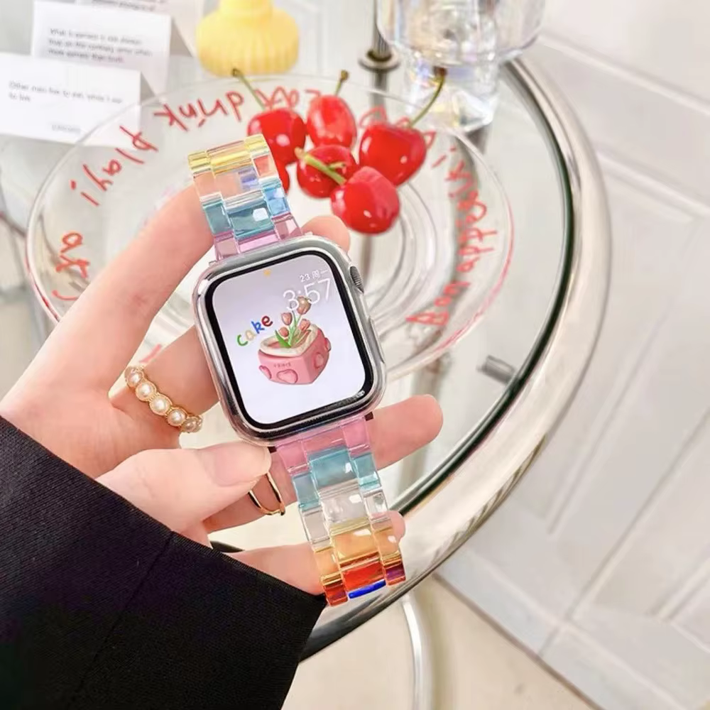Bracelet Transparent arc-en-ciel en résine pour Apple Watch Ultra 2 49mm 10 46mm 7 8 9 41 45mm 38 40 42 44mm