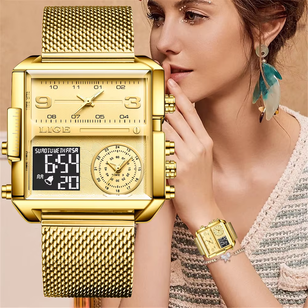 LIGE 2023 nouvelle montre en or femmes Top marque de luxe créatif montres carrées dames mode double affichage