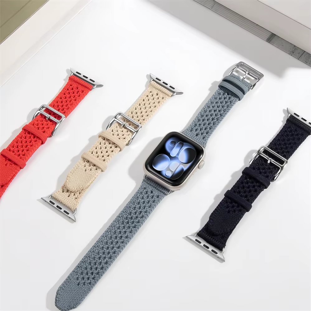 Nouveau Bracelet Tricot Simple Tour Bleu Jean Beige De Weimar 2026 pour Apple Watch Ultra3 11 9 8 7 6