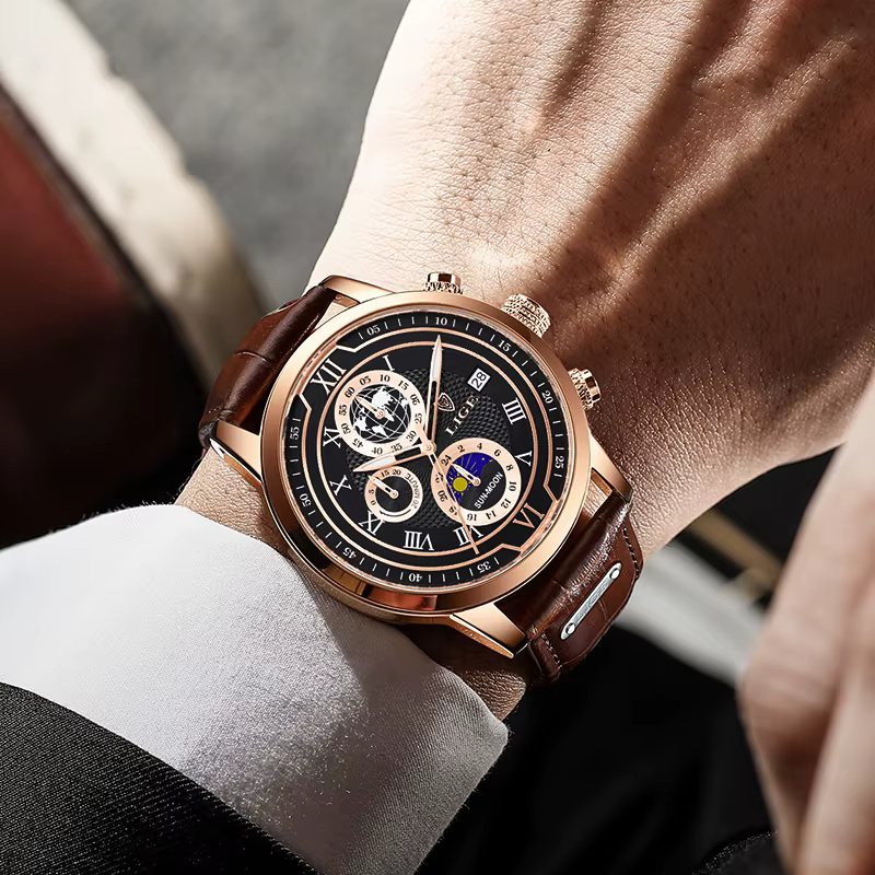 Nouvelles Montres Hommes 2026 LIGE Marque Haut de Gamme Cuir Chronographe Étanche Sport Automatique Date Quartz