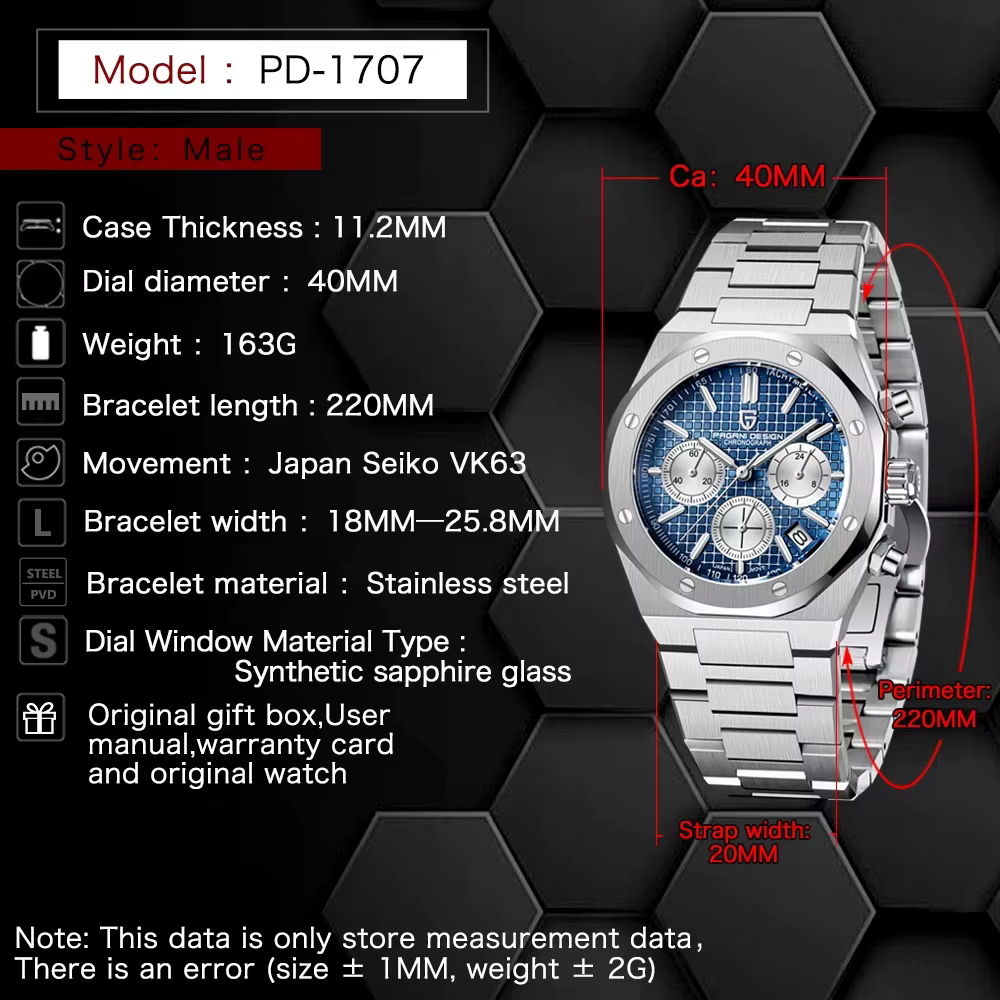2025 PAGANI DESIGN PD1707 montres à Quartz pour hommes 40MM en acier inoxydable verre saphir étanche horloge de luxe cadeau Reloj Hombre