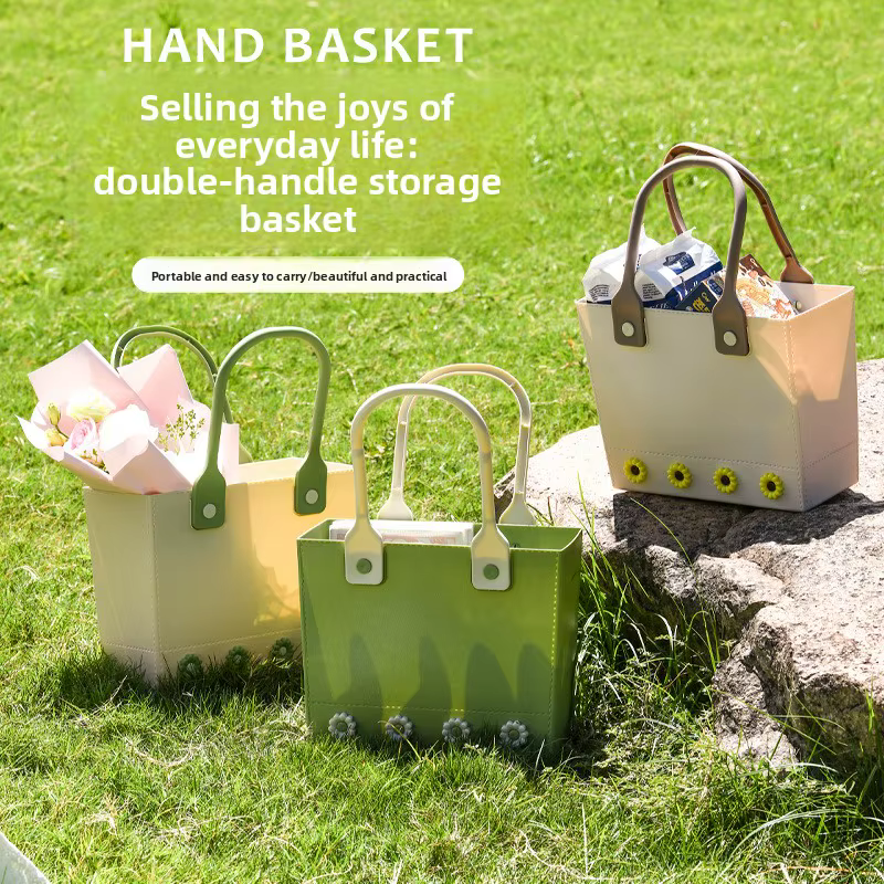 Panier de pique-nique portable pour usage extérieur et domestique avec fond souple, drainage et rangement pour articles de toilette et articles de salle de bain