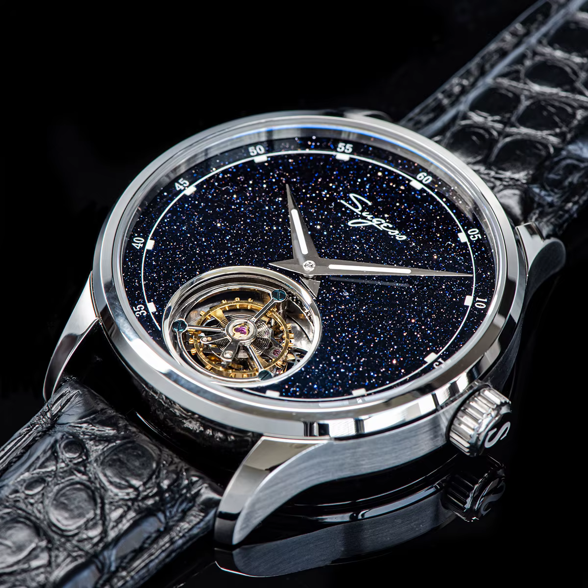Sugess Tourbillon mouvement montre hommes de luxe mécanique montre-bracelet véritable pierre bleue Glamour maître