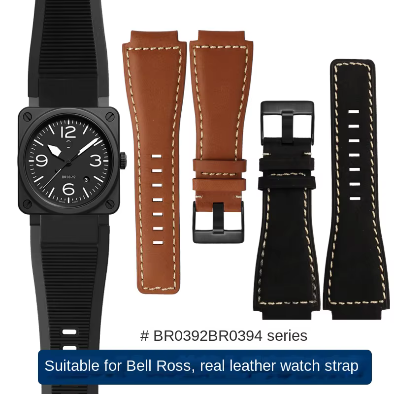 Pour Bell Ross B & R BR-01 BR-03 Hommes Bracelet de montre en cuir véritable Cirhide 35-24mm convexe silicone