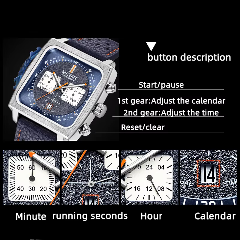 MEGIR 2182 luxe mode sport chronographe multi-fonctionnel militaire en cuir Date montres pour hommes Relogio Masculino