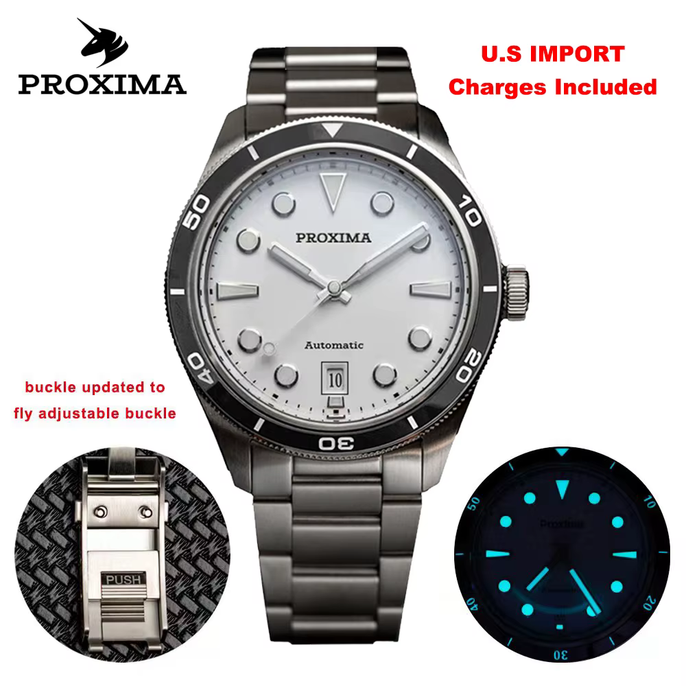 Proxima PX1697 39mm hommes montre émail blanc cadran bulle saphir PT5000 automatique mécanique Vintage montres 20Bar lumineux