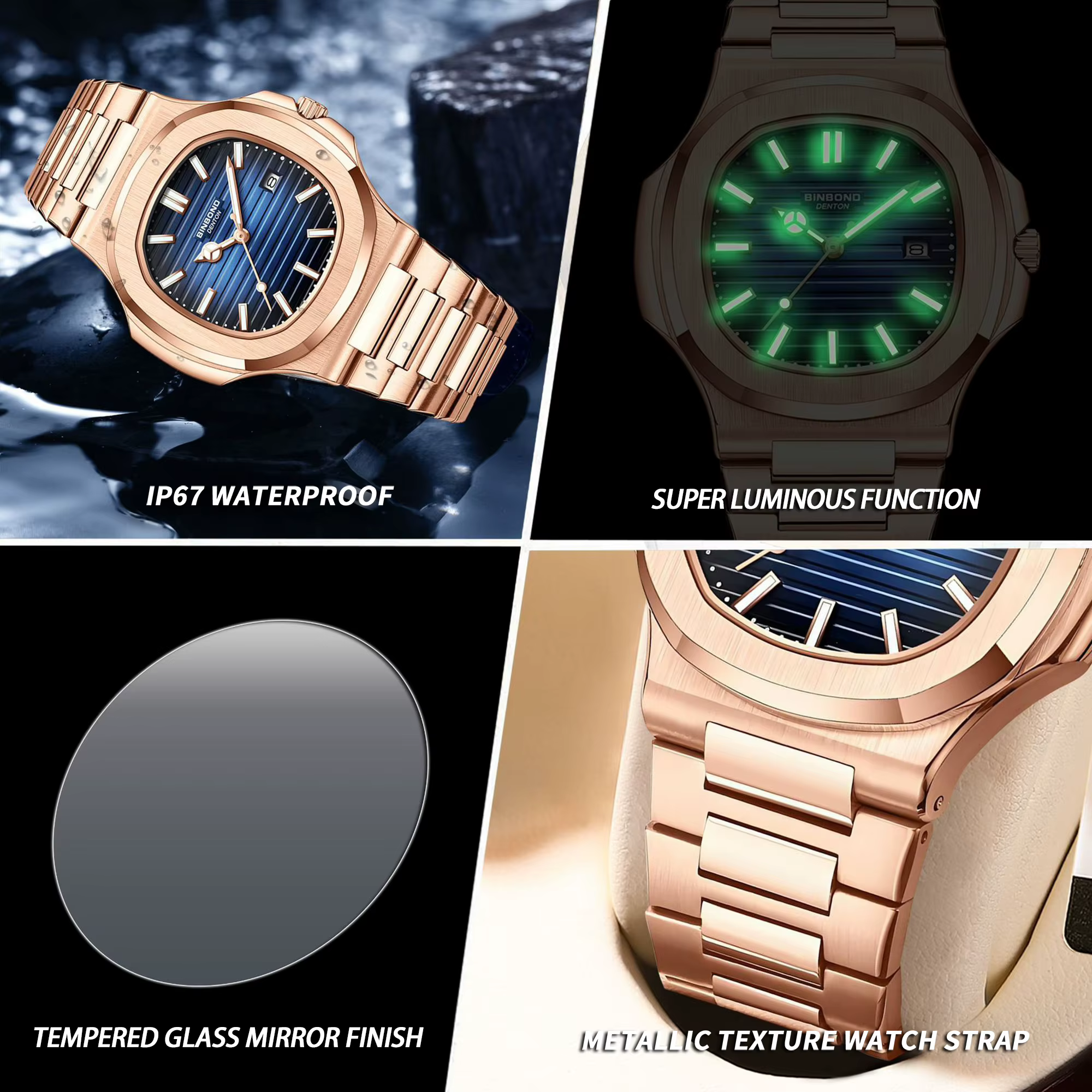 Montres-bracelets en quartz robustes originales BINBOND pour hommes, montres de luxe lumineuses, étanches, avec date automatique, précises, montres décontractées pour hommes, reloj