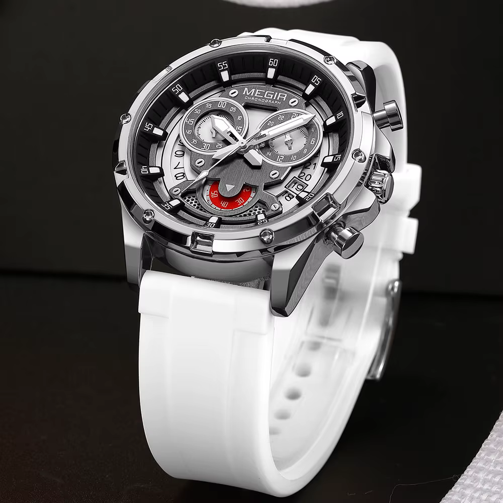 MEGIR montre à Quartz pour hommes avec bracelet en Silicone blanc aiguilles lumineuses mode Sport chronographe étanche montre-bracelet avec calendrier