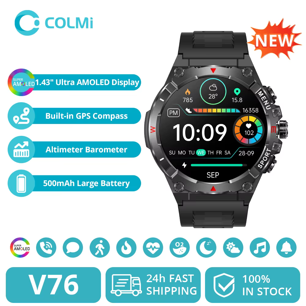 2025 COLMI V76 GPS Smartwatch 1.43 "Ultra AMOLED affichage boussole intégrée altimètre Bluetooth appel montre intelligente 500mAh batterie