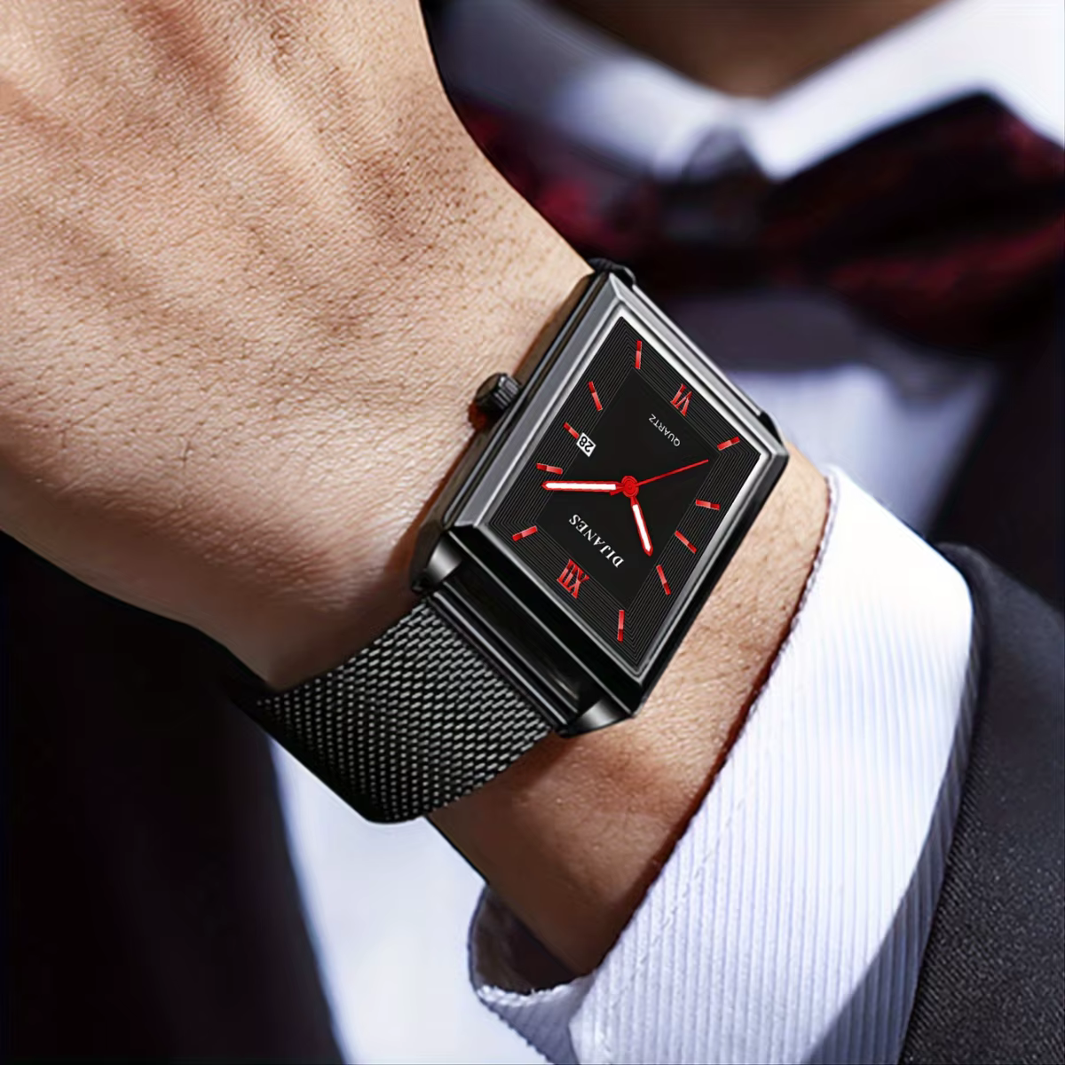 Montre-bracelet à quartz rectangulaire en acier inoxydable pour hommes