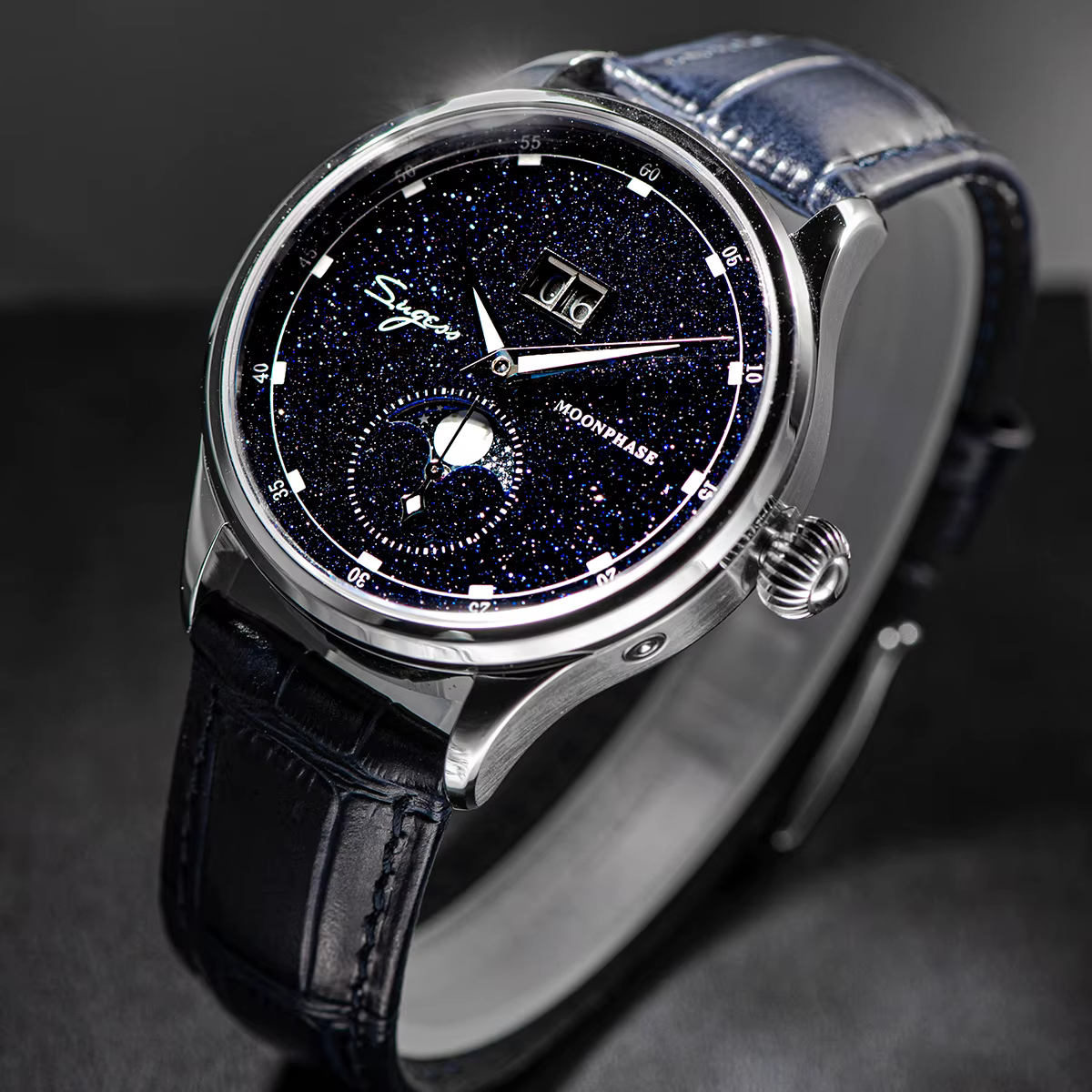 Sugess Moonphase montre pour hommes 40mm montres mécaniques automatiques origine ST2528 mouvement acier inoxydable cadrans en grès bleu