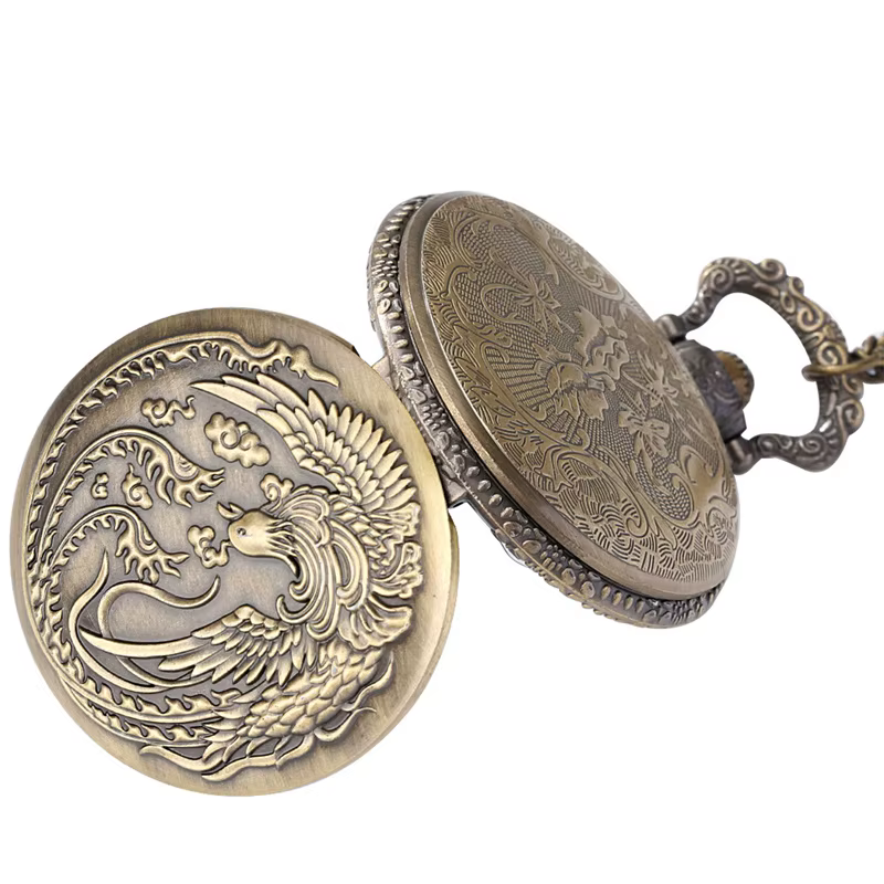 Montre de poche rétro Phoenix embossée, style vintage, mouvement à quartz analogique, avec chaîne de collier, oiseau mythique chinois