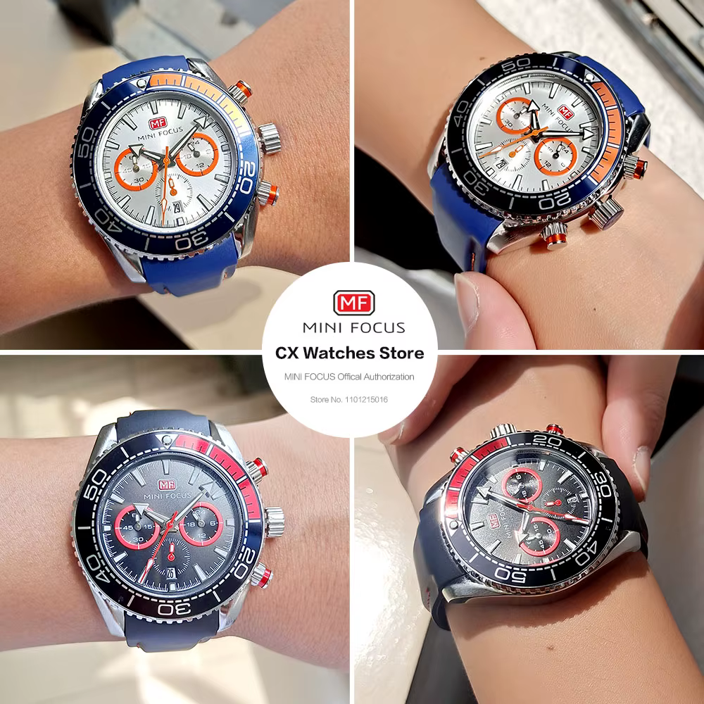 MINI FOCUS chronographe montres à Quartz pour hommes montre-bracelet de Sport de mode avec Date automatique indicateur 24 heures bracelet en Silicone bleu 0426