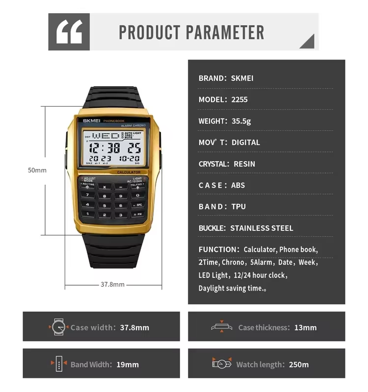 SKMEI 2255 Montre pour hommes double temps compte à rebours décontracté livre de téléphone numérique
