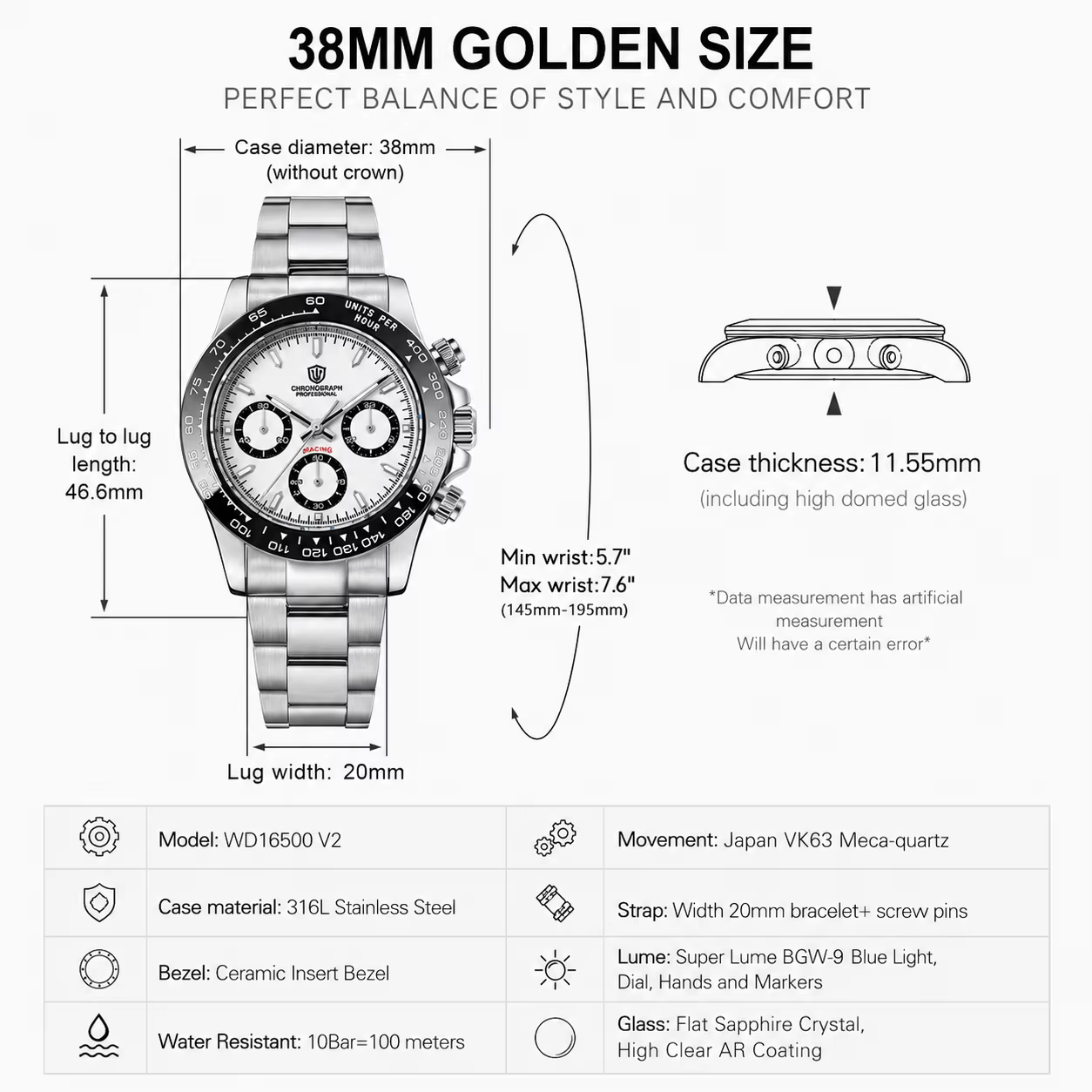 Watchdives WD16500 V2 montre à Quartz VK63 balayage sport chronographe montres saphir AR revêtement BGW9 lumineux