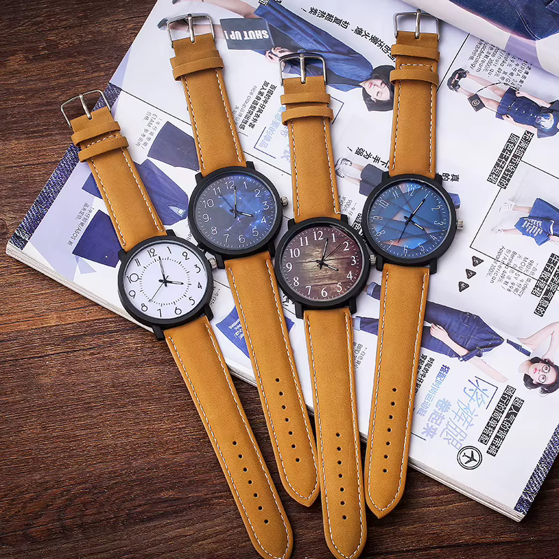 Mannen – montre-bracelet en cuir imitation bois unisexe pour homme
