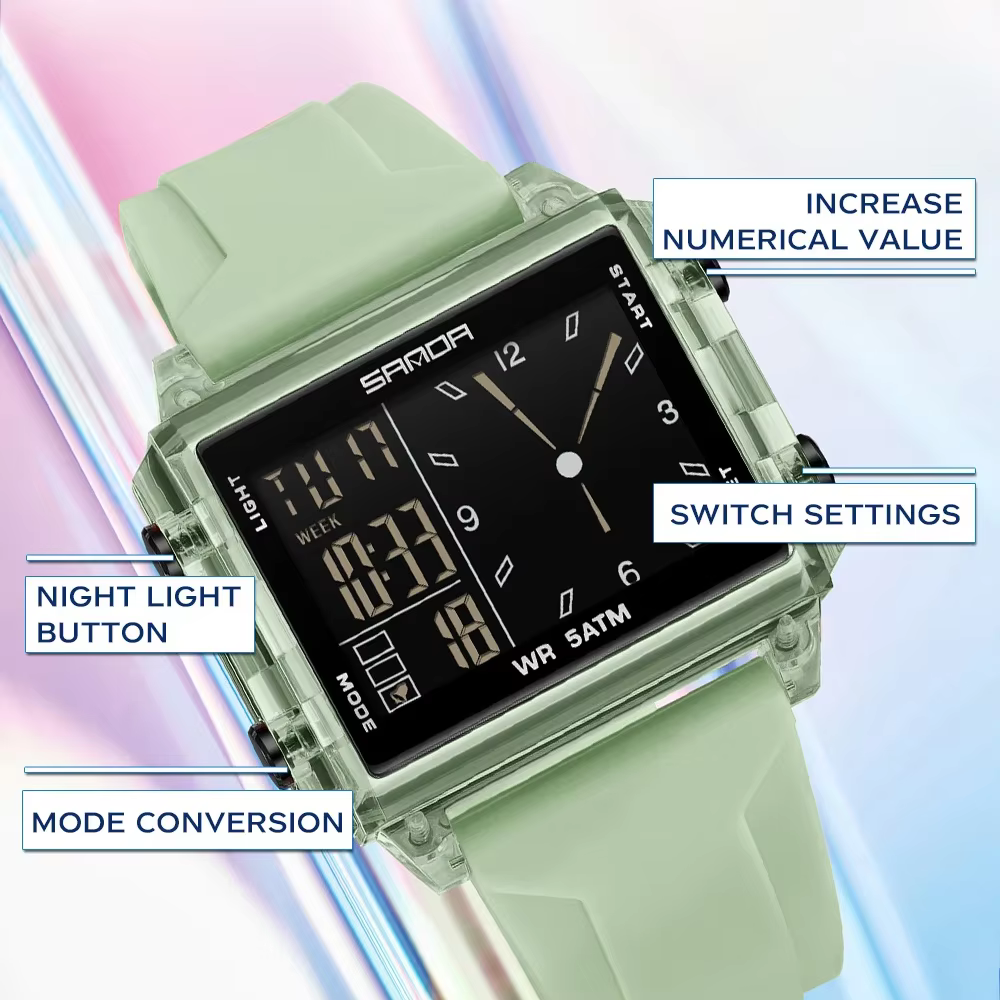 SANDA mode montre analogique électronique pour hommes femmes étanche cadran carré compte à rebours minuterie montre-bracelet numérique homme heure mondiale