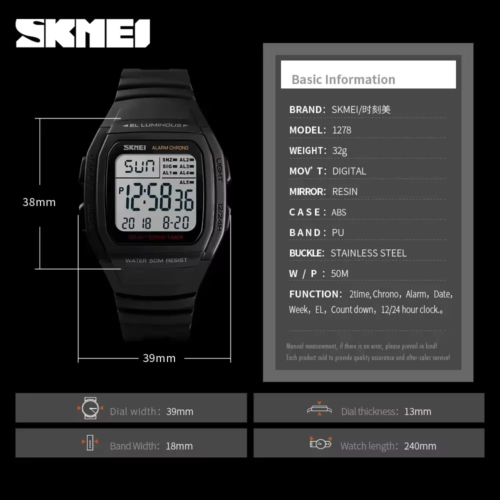 SKMEI 1278 Chrono compte à rebours hommes montre-bracelet décontracté en plein air mâle horloge lumineuse montre homme
