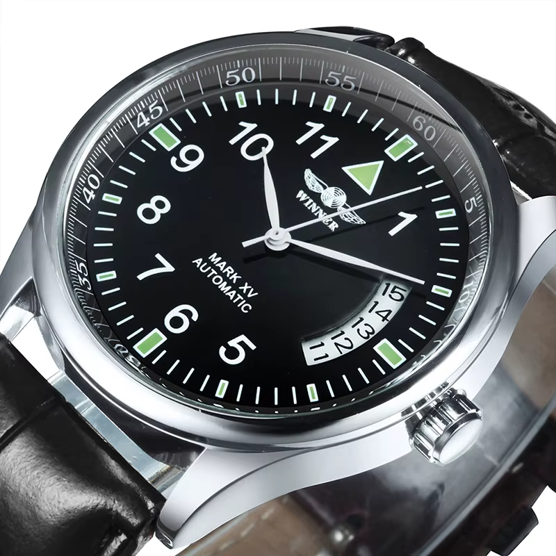 Montre automatique WINNER pour homme, fenêtre de calendrier, cadran noir tendance, bracelet en cuir tendance, montre mécanique de luxe de marque